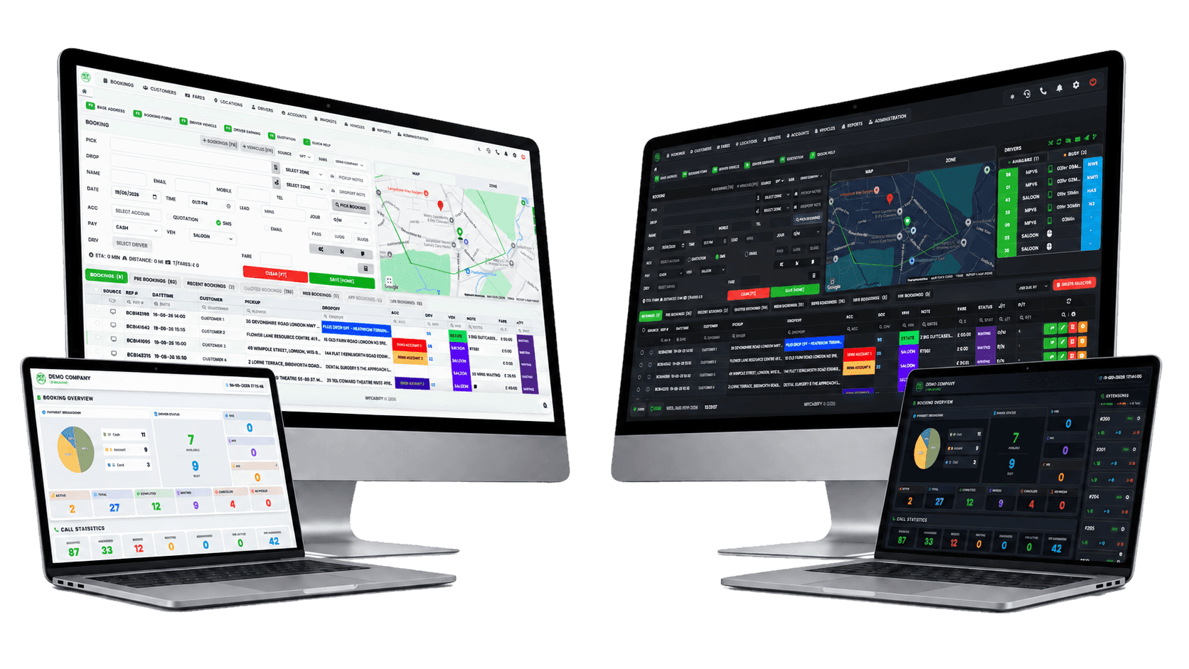 Dispatch dashboard and wallboard screens shown on office monitors and laptops